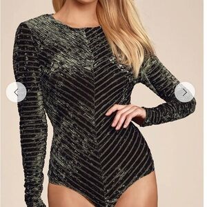Lulu's Black and Olive Green Velvet Striped Long-Sleeve Bodysuit